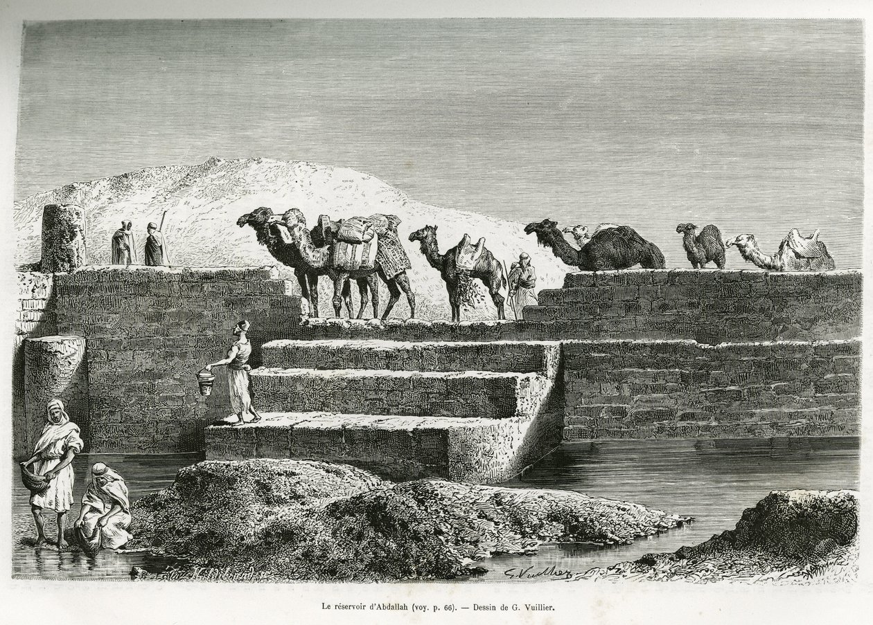El depósito de Abdallah (Arabia Saudita). Ilustración de la historia “peregrinación al Nedjed, cuna de la raza árabe”, por Lady Anna Blunt, en 1878-1879, publicado en Le tour du monde de Gaston Vuillier