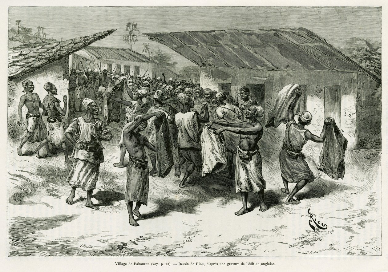 El pueblo de Bakourou, los indígenas reciben regalos para las negociaciones de paz. Grabado por G. Vuillier, para ilustrar la historia 
