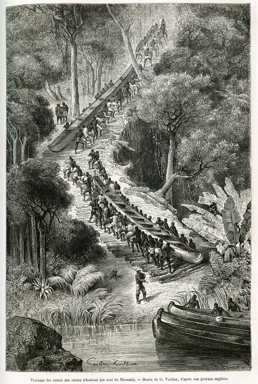 Arrastrando canoas en las Cataratas de Innkissi (o Cataratas de Livingstone) (Congo), bajo la dirección de Sir H.M.Stanley (1841-1904), dibujo de G.Vuillier, para ilustrar la historia “A través del Continente Misterioso”, un viaje realizado entre 1874-1877 de Gaston Vuillier