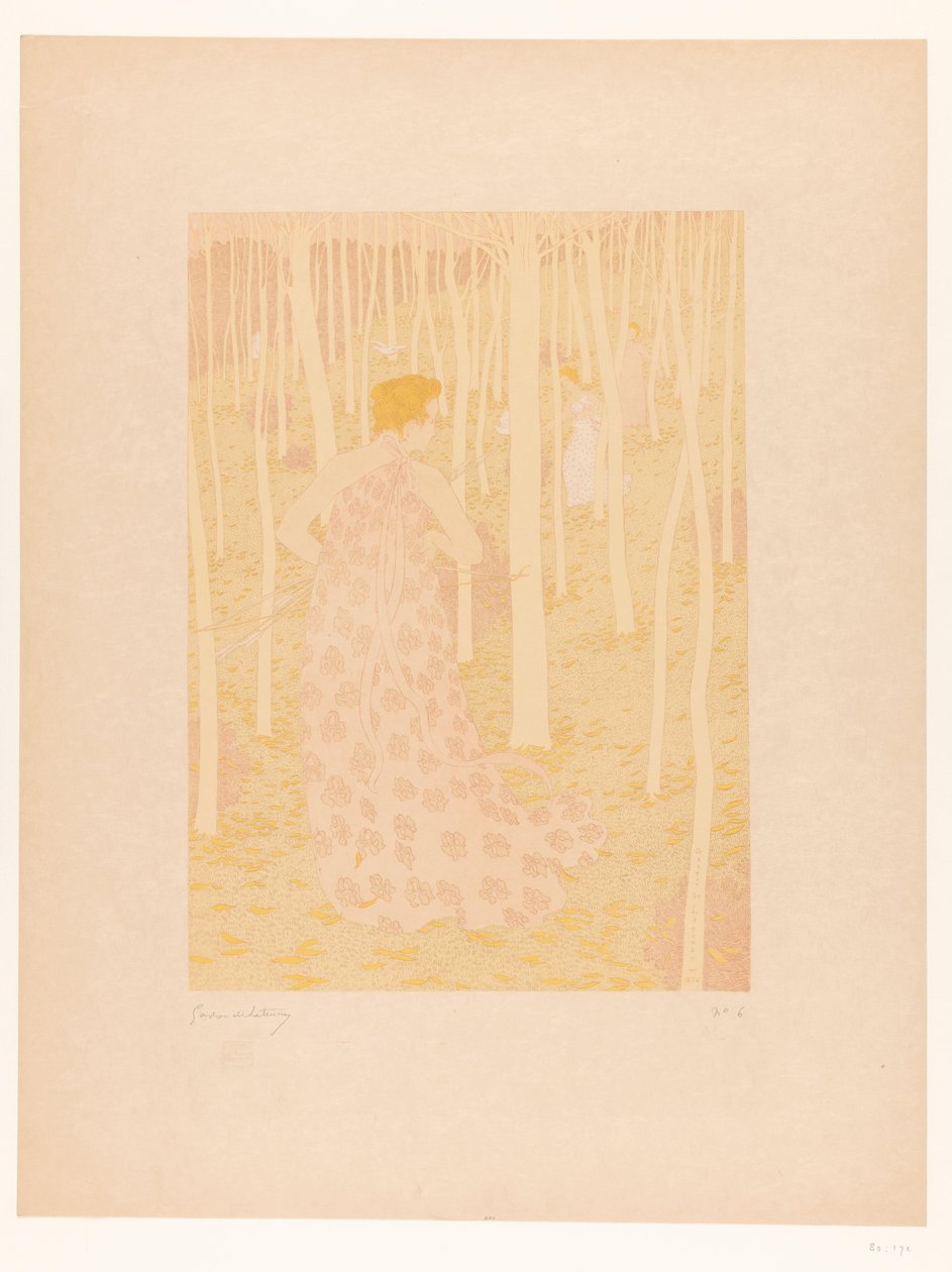 Mujeres cazando en un bosque Chasseresses (título original) de Gaston de Latenay (signed by artist)