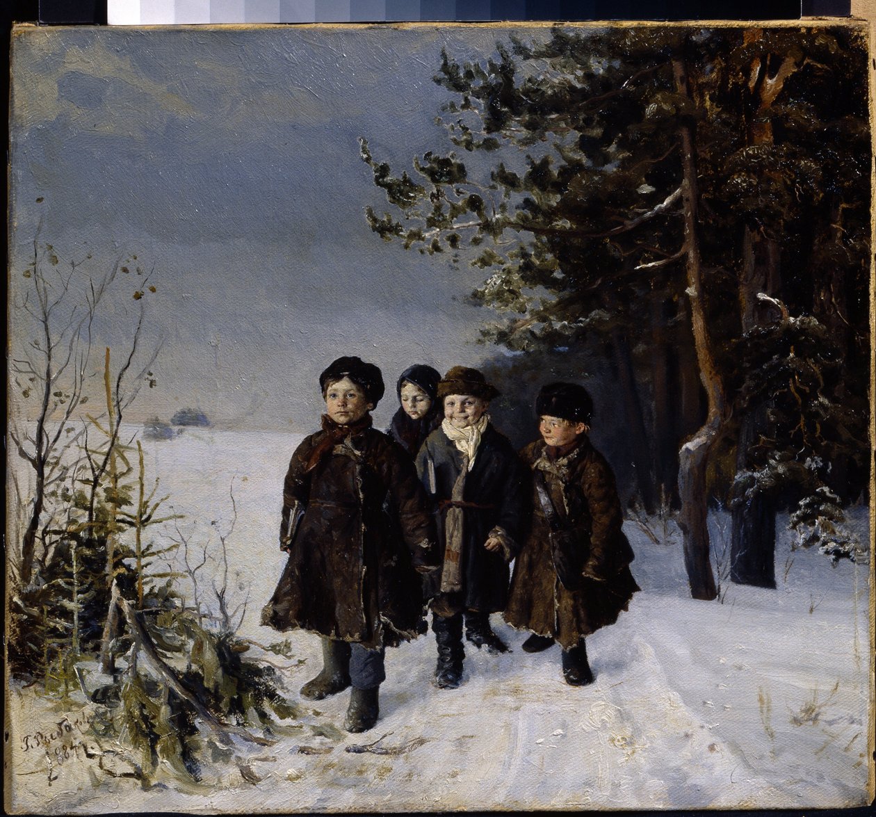 Regreso de la escuela - Pintura de Gavriil Fyodorovich Rybakov (1859-?), óleo sobre lienzo de Gavriil Fyodorovich Rybakov