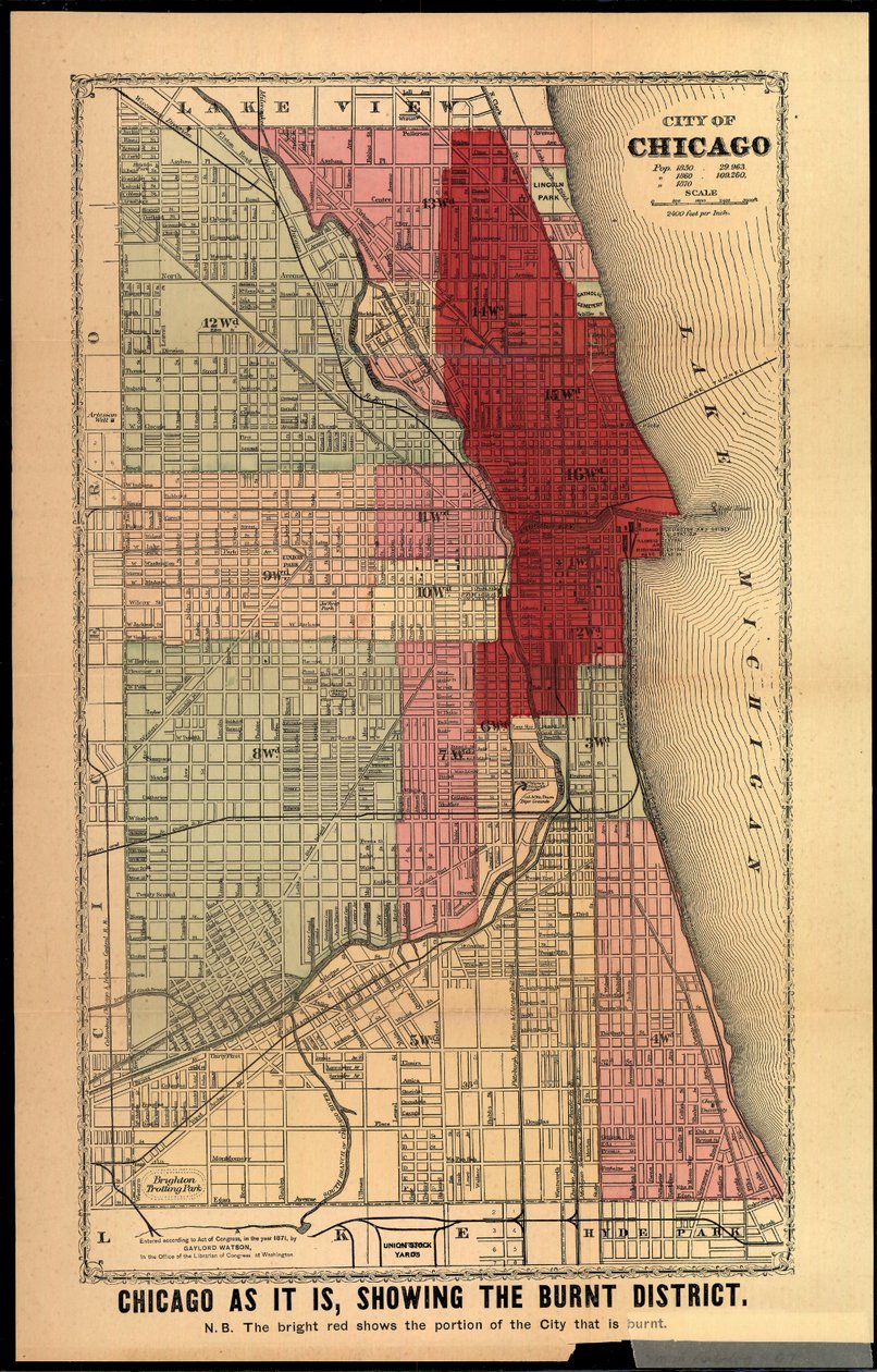 Chicago tal como es, mostrando el distrito quemado, de Historia de los grandes incendios en Chicago y el Oeste por Edgar Johnson Goodspeed, publicado en Chicago, 1871 de Gaylord Watson