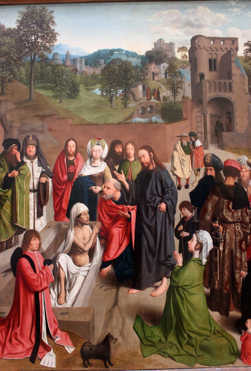Holandés:  De opwekking van Lazarus La resurrección de Lázaro con una pareja de donantes con su hija de Geertgen Tot sint Jans