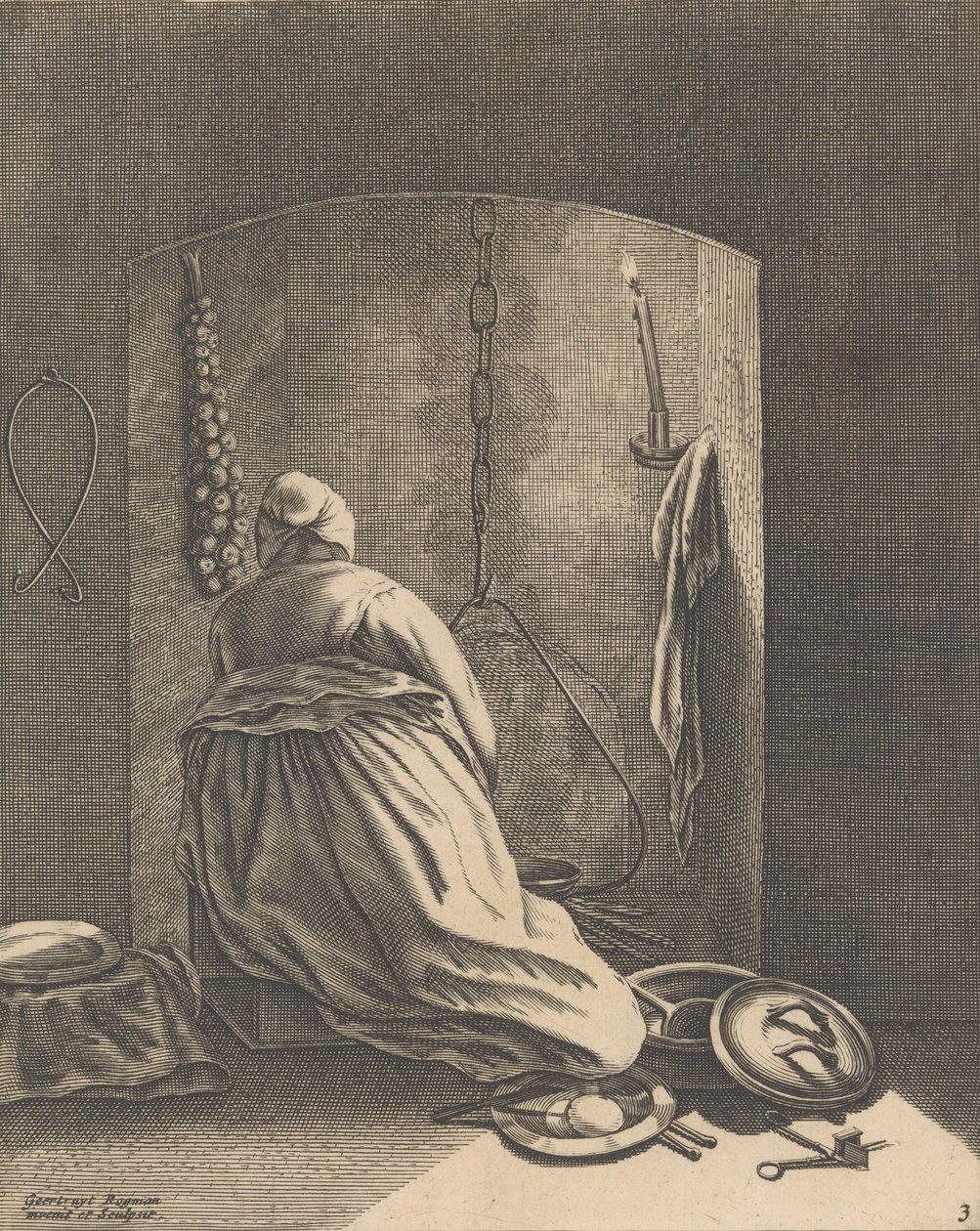 Una mujer cocinando, Placa 3 de Cinco ocupaciones femeninas, ca. 1640-57 de Geertruydt Roghman