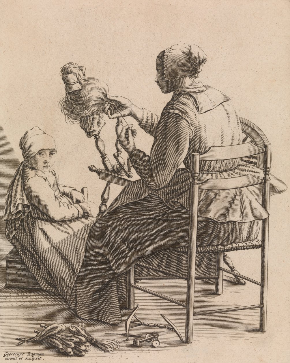 Una mujer hilando, Placa 4 de Cinco ocupaciones femeninas, ca. 1640-57 de Geertruydt Roghman