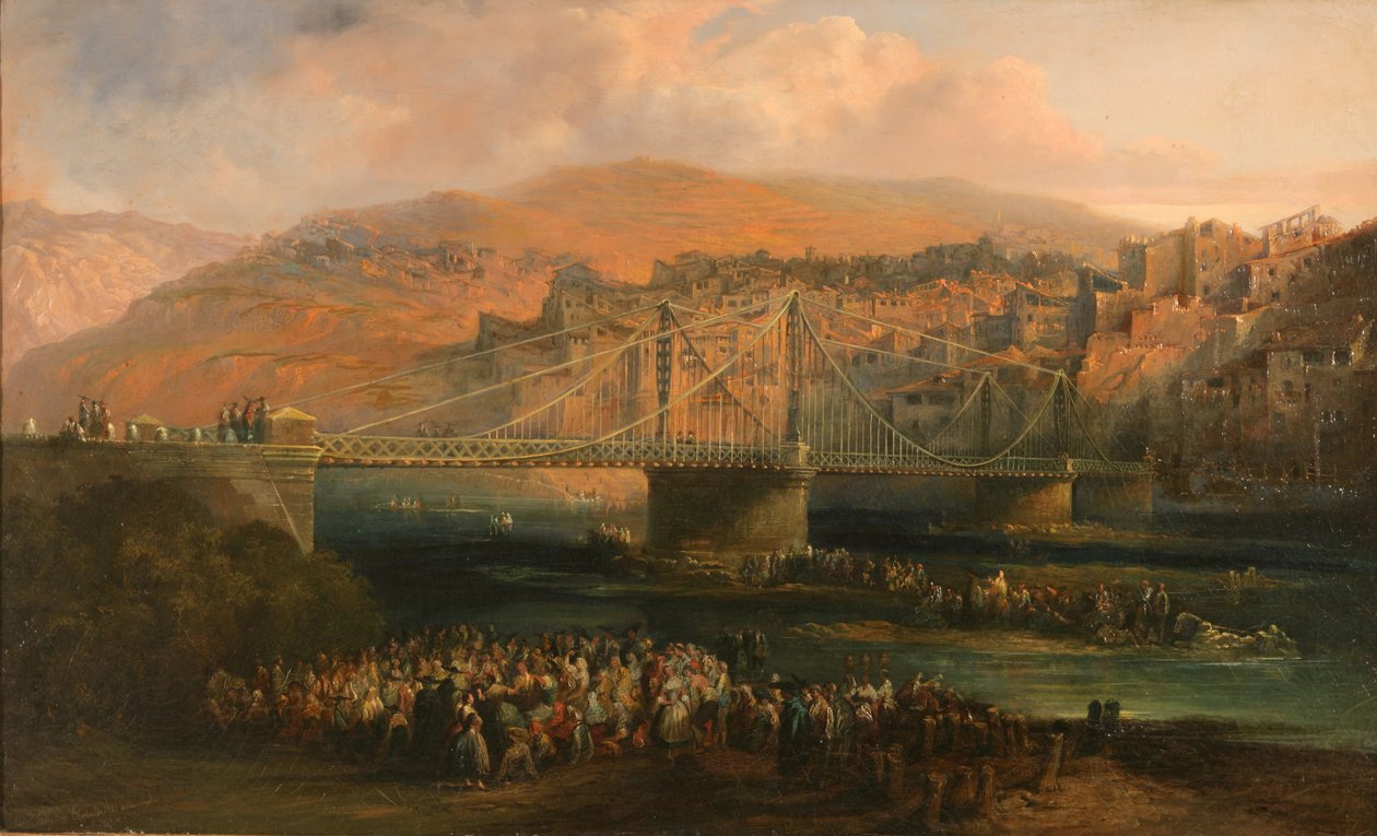 Vista de la ciudad de Fraga y su Puente Colgante de Genaro Pérez Villaamil