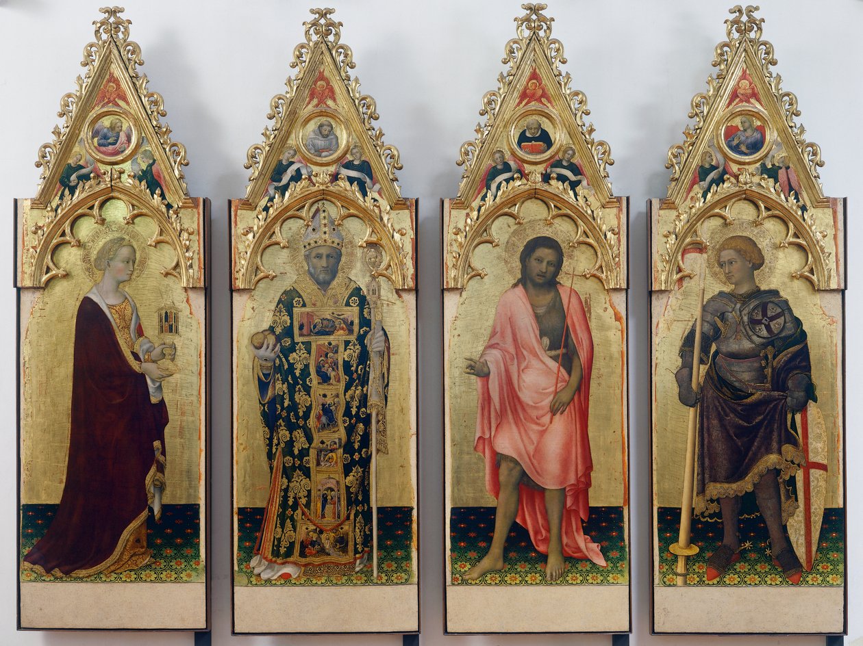 Cuatro santos del Políptico Quaratesi, Santa María Magdalena, San Nicolás de Bari, San Juan Bautista y San Jorge de Gentile da Fabriano