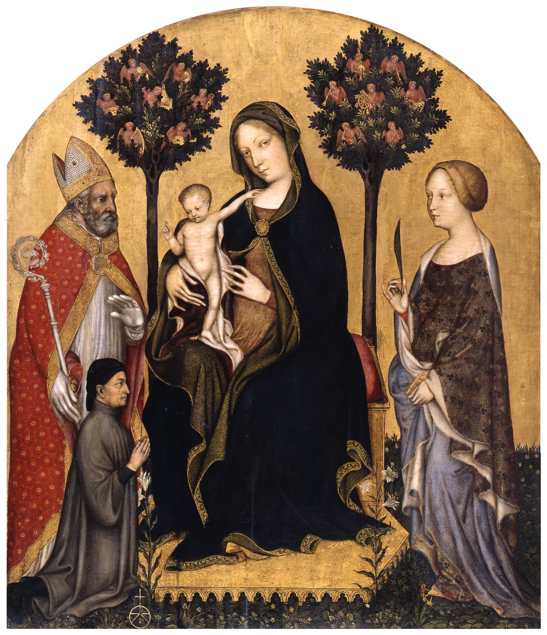 María entronizada con el Niño, San Nicolás de Bari, Santa Catalina de Alejandría y un donante de Gentile da Fabriano