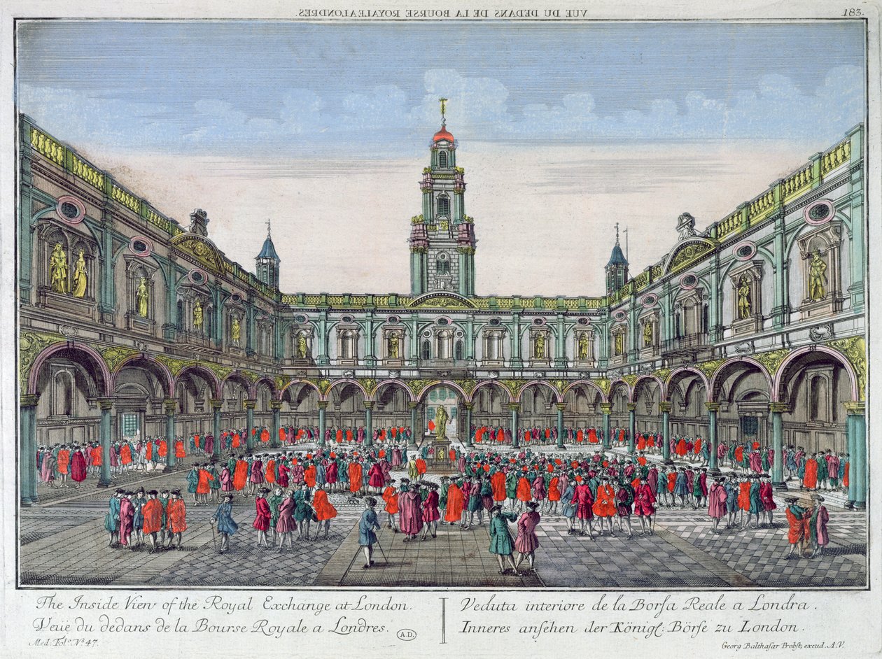 Vista interior de la Bolsa Real, Londres de Georg Balthasar Probst