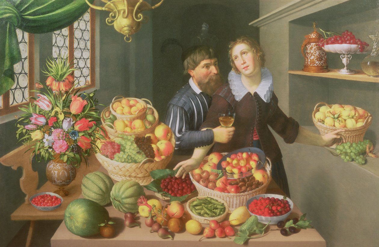 Hombre y mujer ante una mesa con frutas y verduras de Georg Flegel