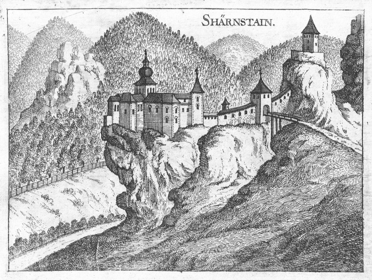 Grabado, vista del castillo de Scharnstein, Alta Austria de Georg Matthaus Vischer