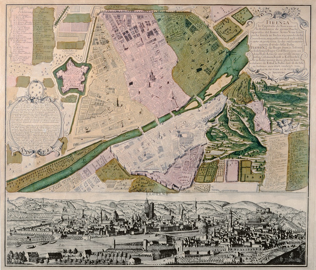 Mapa de Florencia con una vista perspectival, 1750 de Georg Matthäus Seutter