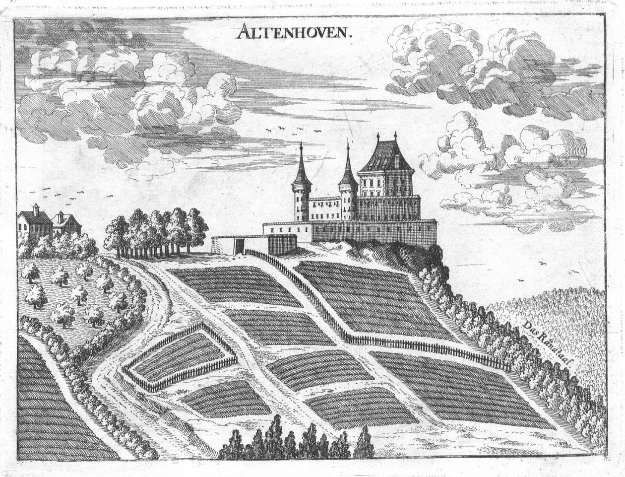 Grabado, vista del castillo de Altenhof, Alta Austria de Georg Matthaus Vischer