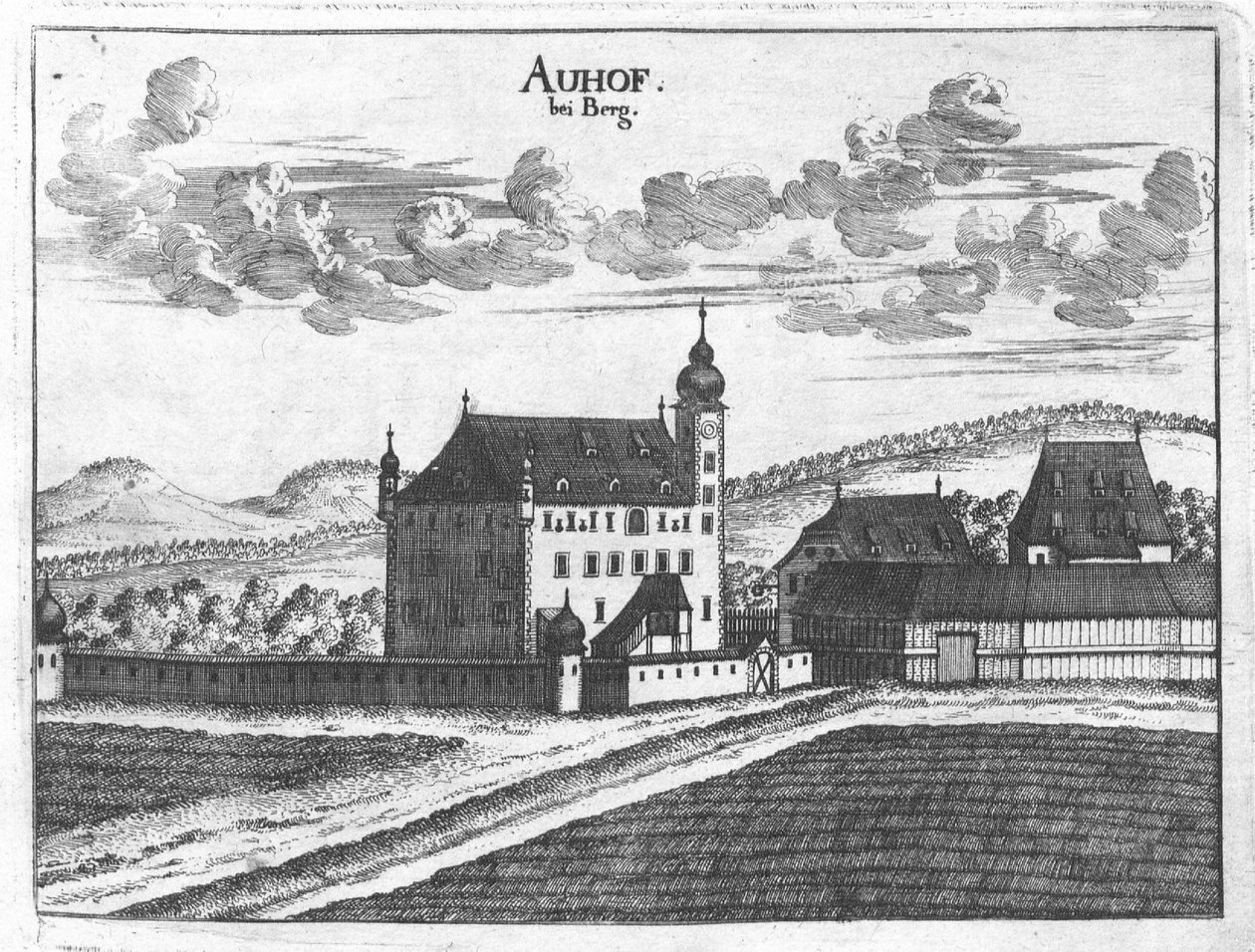 Grabado, vista del castillo de Auhof, Alta Austria de Georg Matthaus Vischer