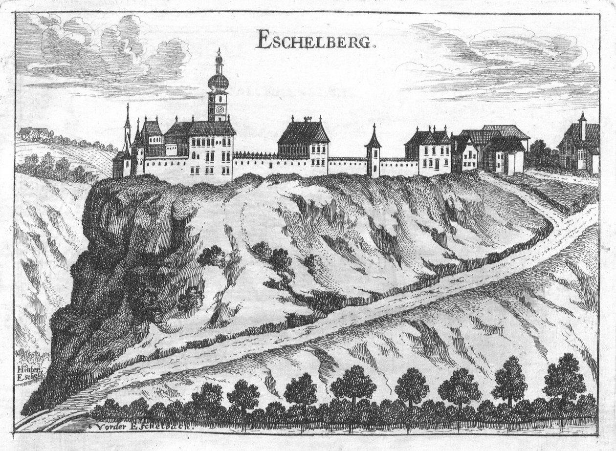 Grabado, vista del castillo de Eschelberg de Georg Matthäus  Vischer