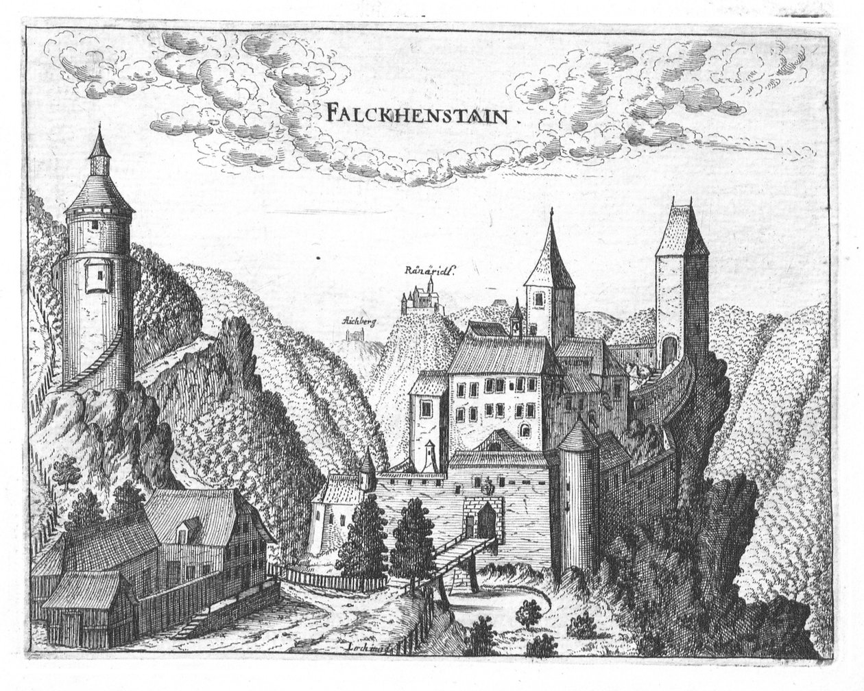 Grabado, vista del castillo de Falkenstein, Alta Austria de Georg Matthaus Vischer