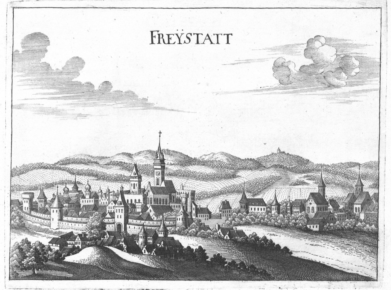 Grabado, vista de Freistadt, Alta Austria de Georg Matthaus Vischer