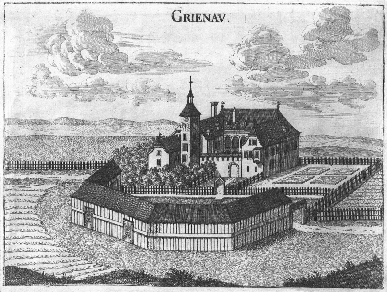 Grabado, vista del castillo de Grünau, Alta Austria de Georg Matthaus Vischer