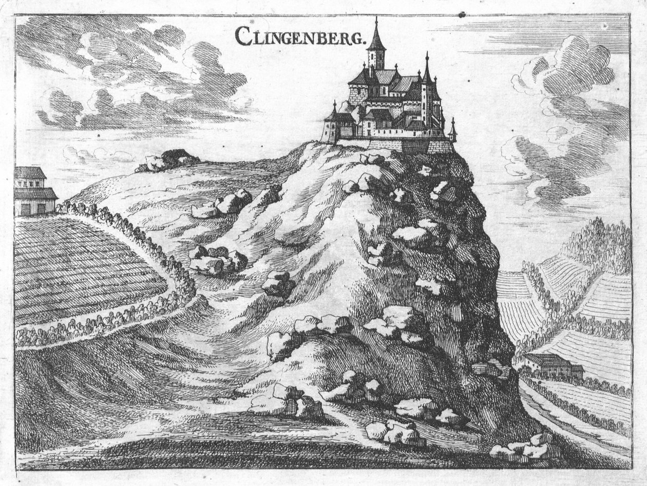 Grabado, vista del castillo de Klingenberg, Alta Austria de Georg Matthaus Vischer