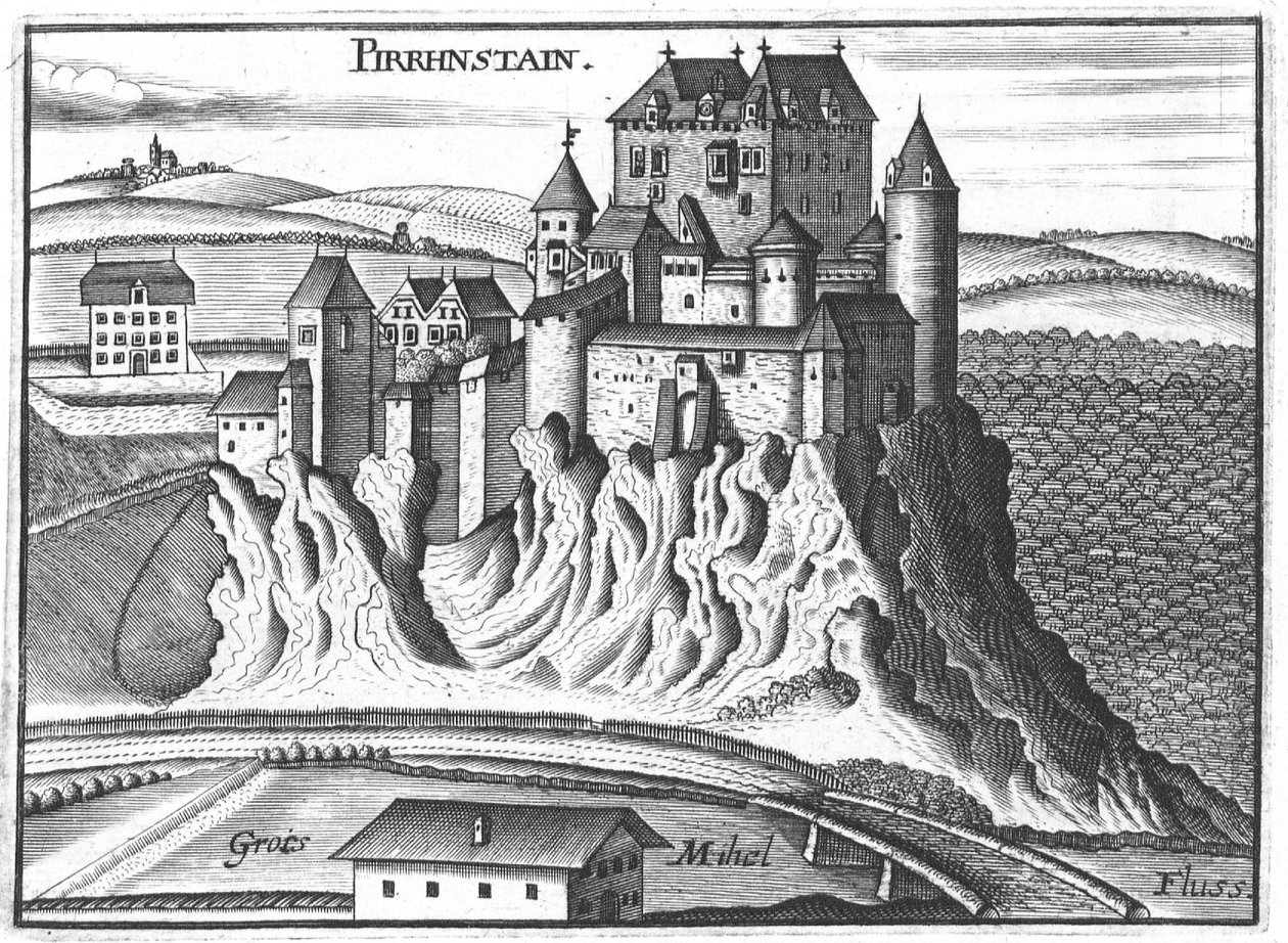 Grabado, vista del castillo de Pürnstein, Alta Austria de Georg Matthaus Vischer