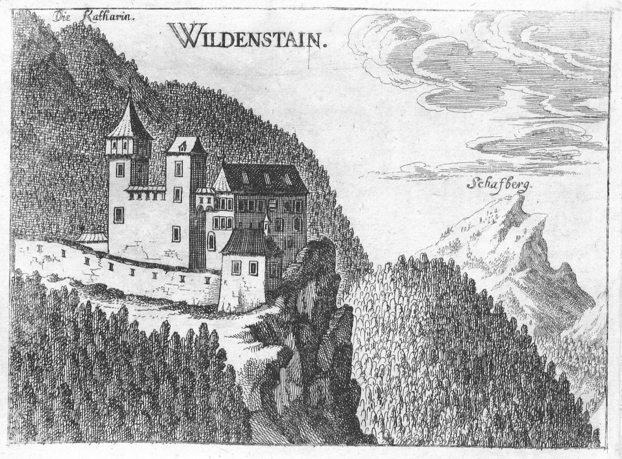 Grabado, vista del castillo de Wildenstein, Alta Austria de Georg Matthaus Vischer