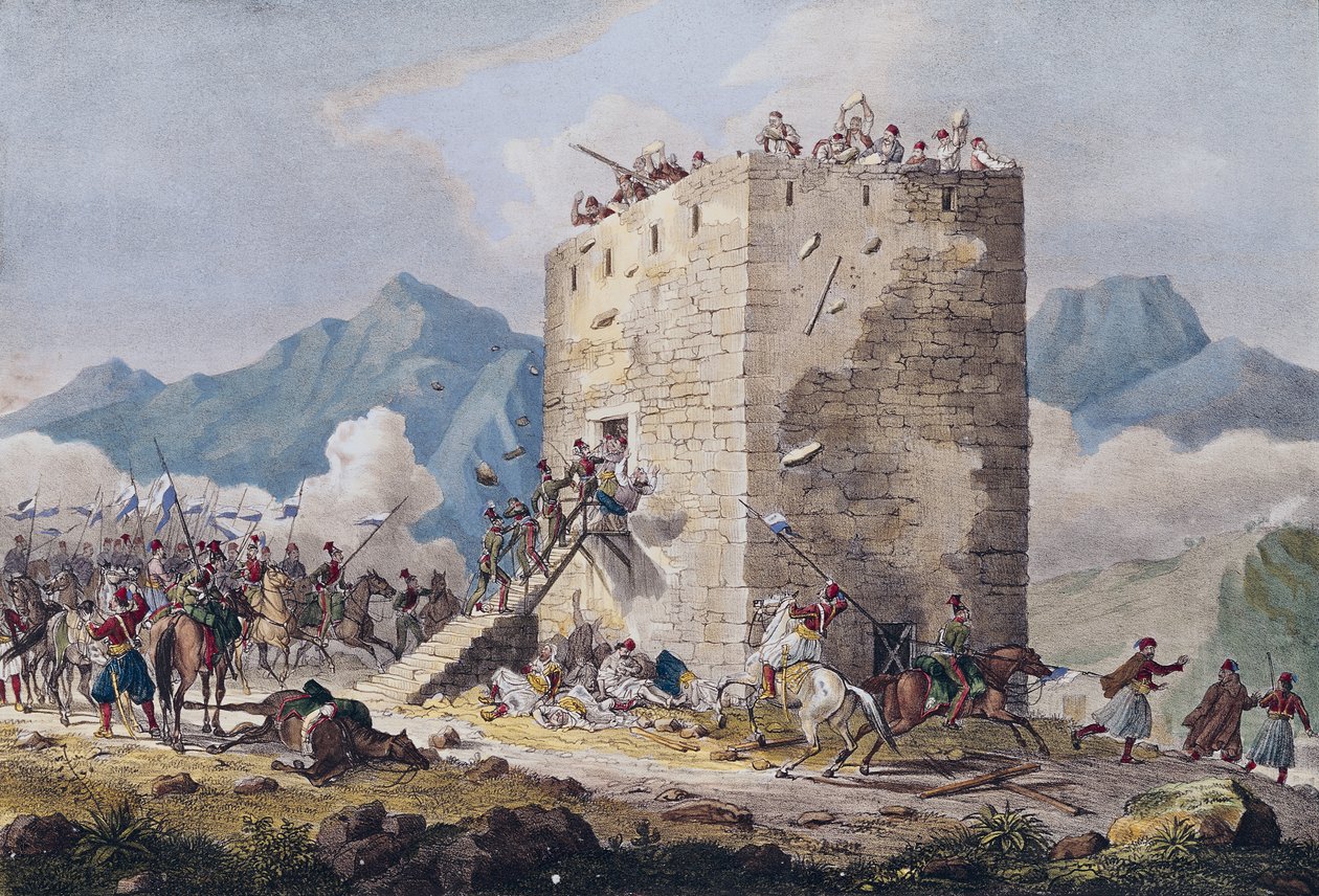 La resistencia de cuarenta rebeldes griegos en una torre en Tebas en 1833 de Georg Melchior Kraus