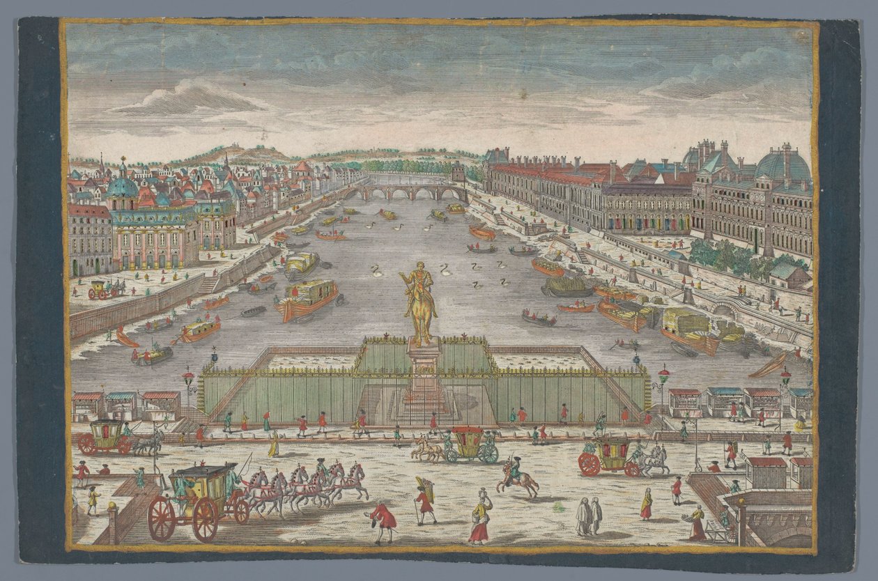 Vista del Pont Neuf sobre el río Sena en París, mirando hacia el Pont Royal Gesicht der Neuen Bruck, gegen der Königl. Bruck en París de Georg Balthasar Probst (possibly)