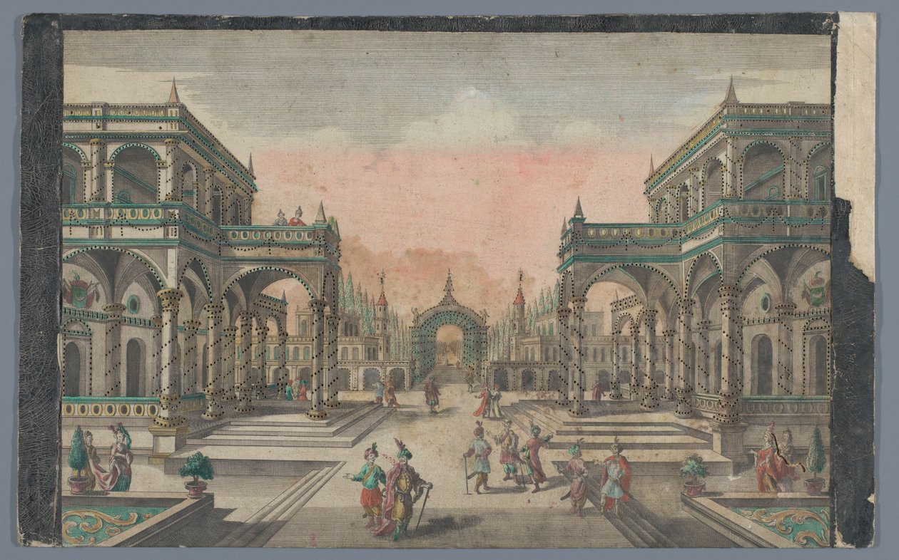 Vista de una avenida hacia un jardín de cipreses en Constantinopla Lust-Gänge des Groß-Sultans gegen dem Cypressen Garten de Georg Balthasar Probst (possibly)