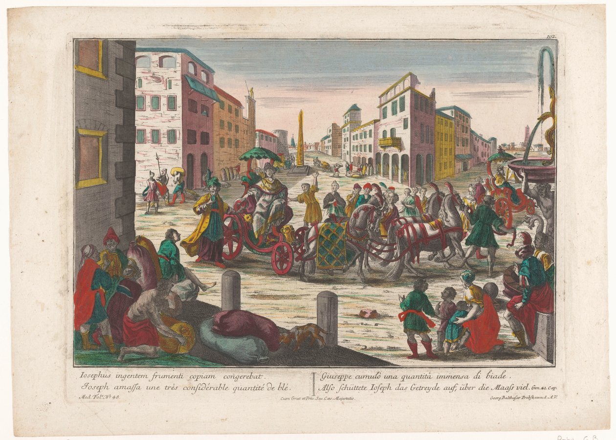 Los hijos de Jacob deben dejar a Simeón en Egipto hasta que regresen con Benjamín También schüttete Ioseph das Getreyde auf, über die Maass fall (título sobre el objeto) Historia de José (título de la serie) de Georg Balthasar Probst