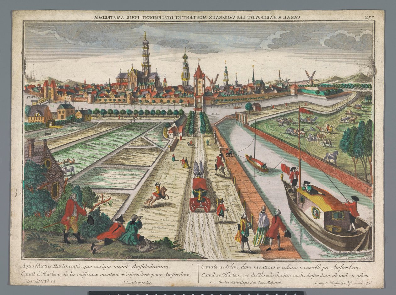 Vista del Canal de Amsterdam en Haarlem Canal zu Harlem, wed die Threckschuijten after Amsterdam ab und zu gehen (título sobre el objeto) Haarlem (título de la serie) de Georg Balthasar Probst