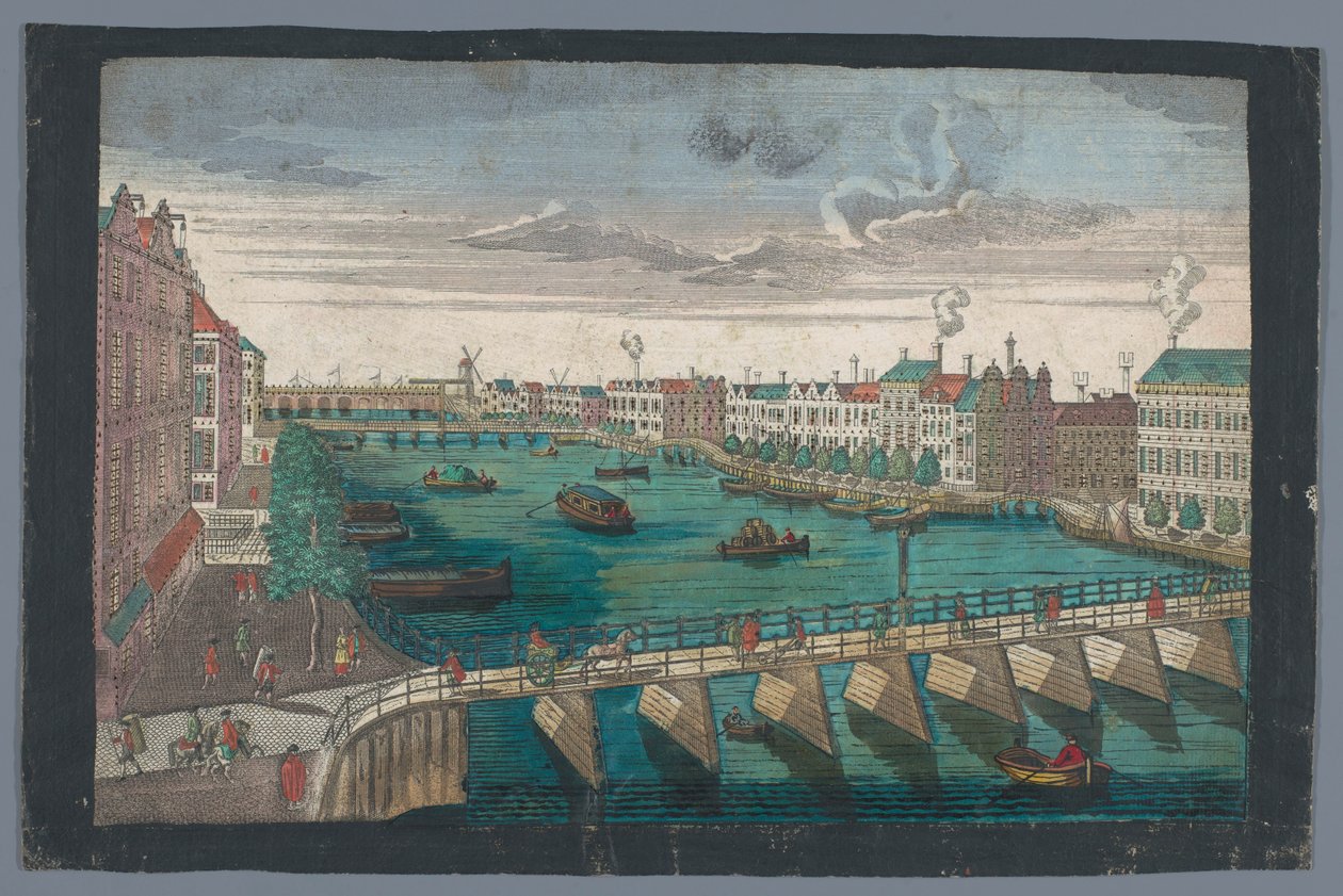 Vista del Binnen-Amstel entre el Blauwbrug y el Hogesluis en Amsterdam Die Amstel von innen nach der blauen Brücke gegen der Wasser Schleuße zu Amsterdam (título sobre el objeto) de Georg Balthasar Probst
