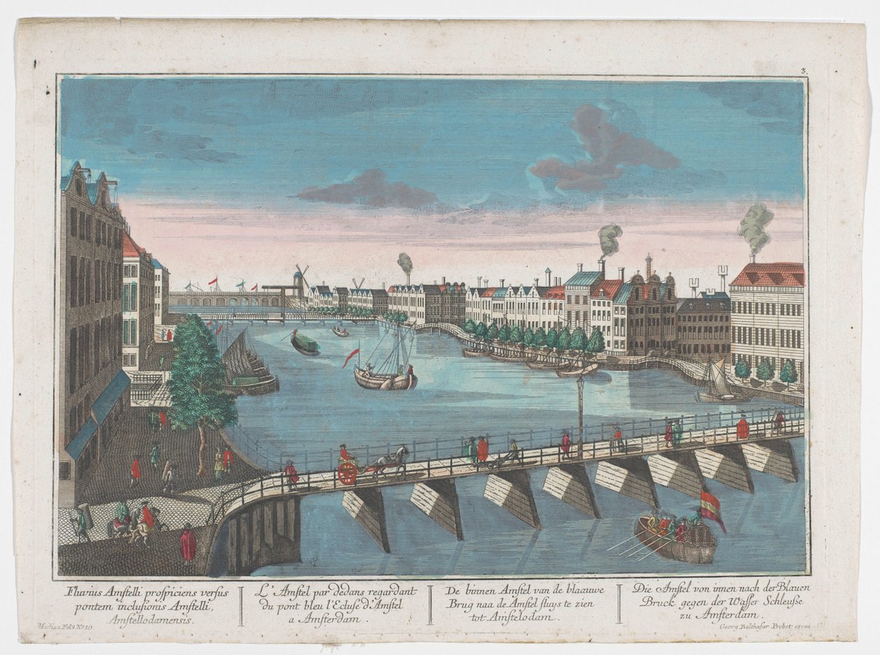 Vista del Binnen-Amstel entre el Blauwbrug y el Hogesluis en Amsterdam Die Amstel von innen nach der blauen Brücke gegen der Wasser Schleuße zu Amsterdam (título sobre el objeto) Ámsterdam (título de la serie) de Georg Balthasar Probst