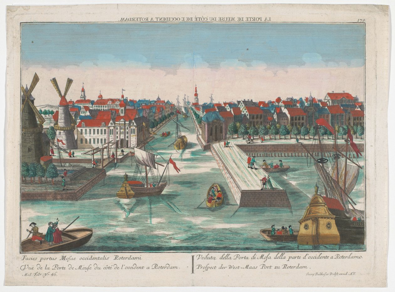 Vista de Wester Nieuwe Hoofdpoort y Ooster Nieuwe Hoofdpoort en Rotterdam Prospect der West-Maas Port zu Rotterdam (título sobre el objeto) Rotterdam (título de la serie) de Georg Balthasar Probst