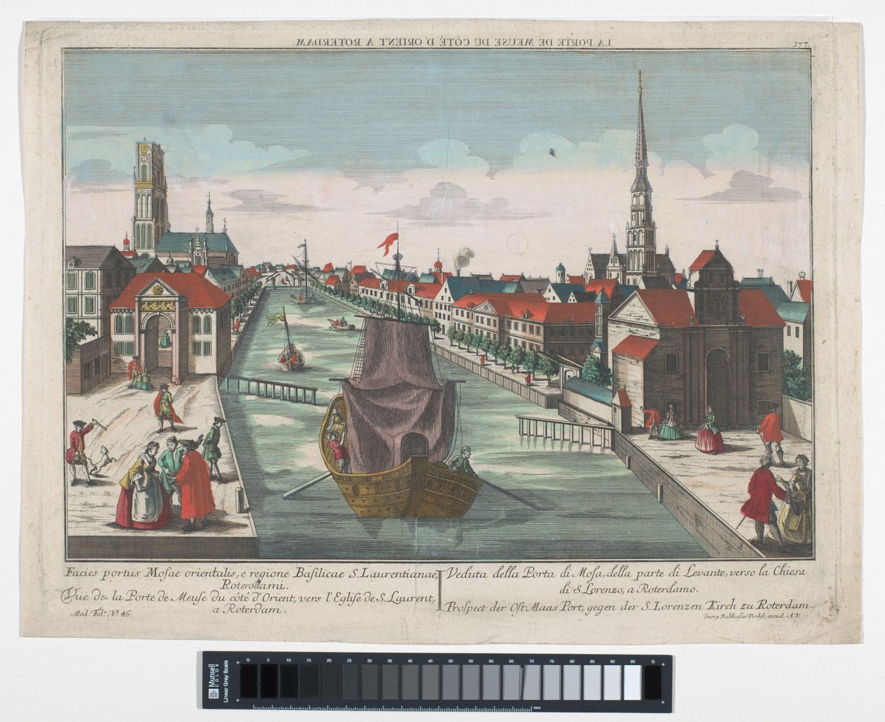 Vista del Wester Oude Hoofdpoort y el Ooster Oude Hoofdpoort en Rotterdam Prospect der Ost Maas Port, gegen der S.Lorenzen Kirch zu Roterdam (título sobre el objeto) Rotterdam (título de la serie) de Georg Balthasar Probst