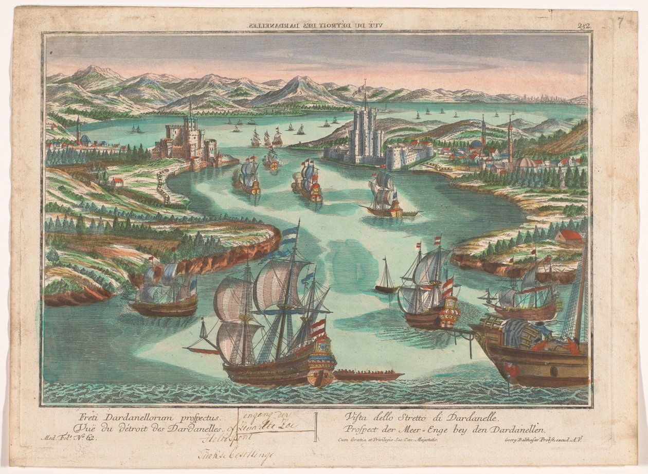 Vista del estrecho de los Dardanelos Prospect der Meer-Enge bey den Dardanellen (título sobre el objeto) Dardanelos (título de la serie) de Georg Balthasar Probst