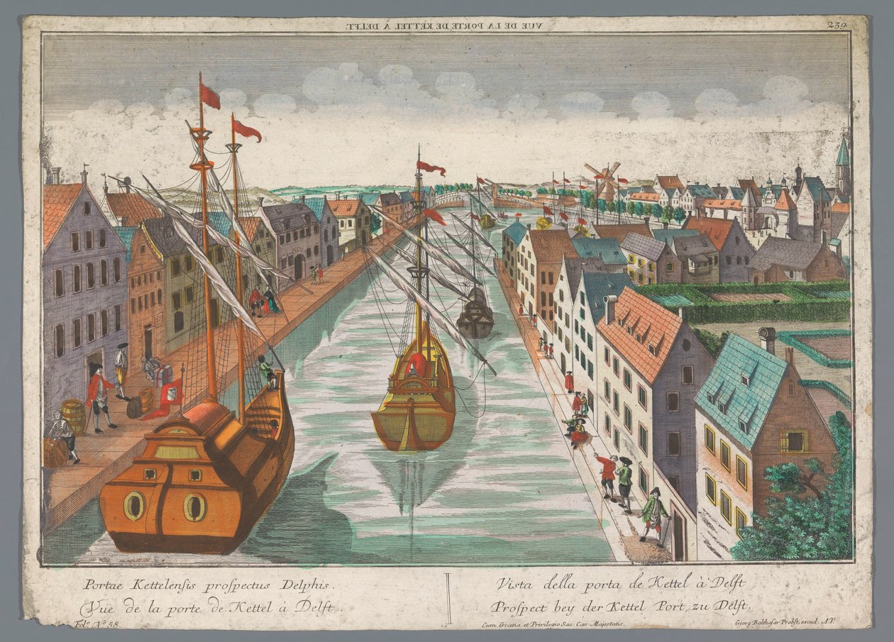 Vista de un canal en las cercanías de Ketelpoort en Delft Prospect bey der Kettel Port, zu Delft (título sobre el objeto) Delft (título de la serie) de Georg Balthasar Probst
