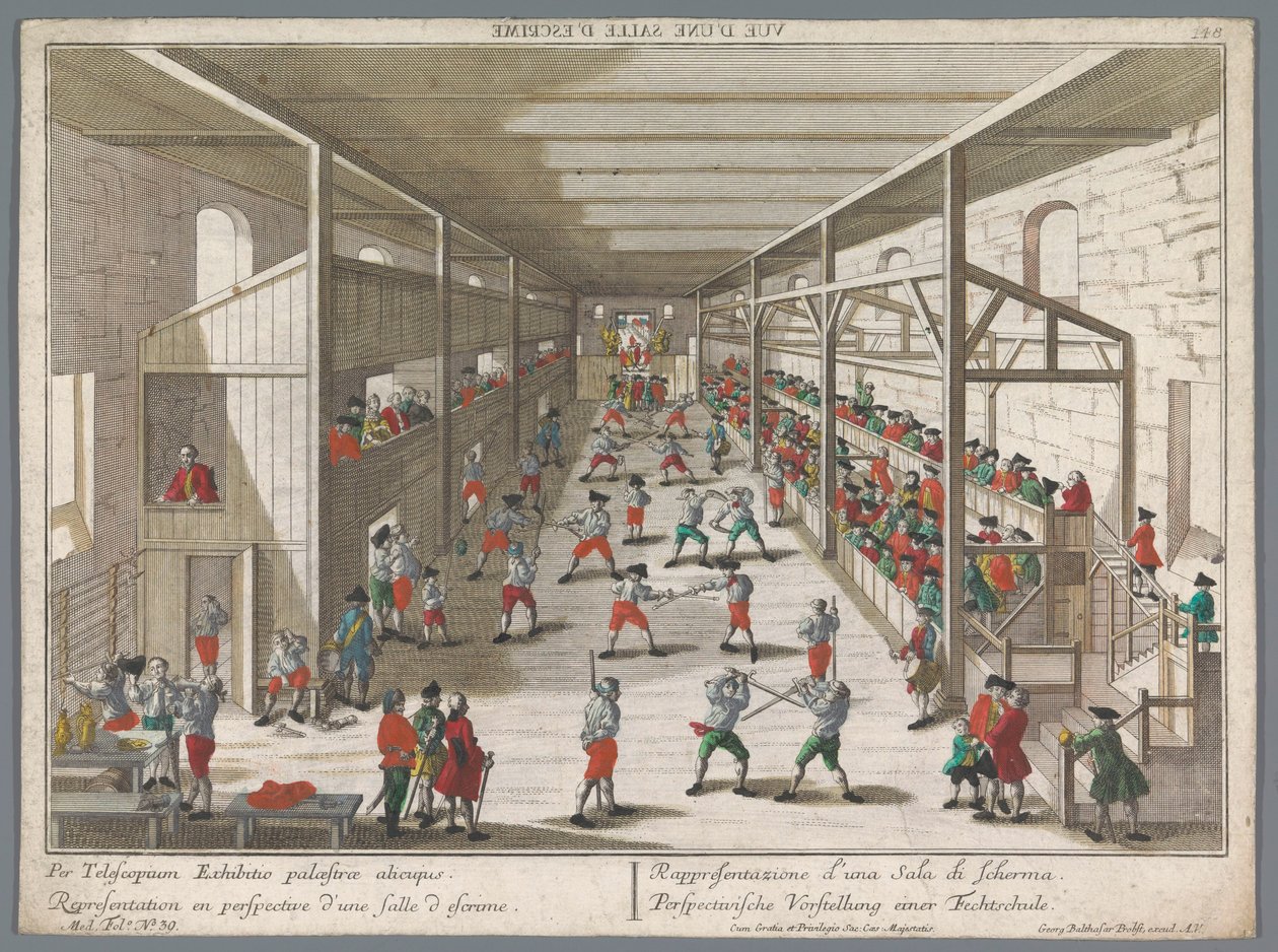 Vista de una escuela de esgrima Perspectivische Vorstellung einer Fechtschule (título sobre el objeto) Escuelas de torneos y esgrima (título de la serie) de Georg Balthasar Probst