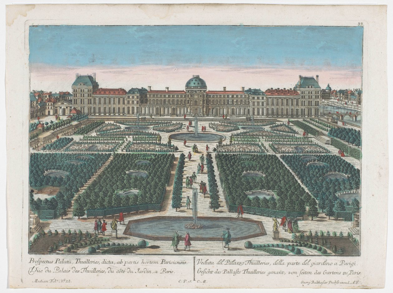 Vista del Palais des Tuileries en París visto desde el Jardin des Tuileries Gesicht des Pallasts Thuilleries genannt, von seiten des Gartens zu Paris (título sobre el objeto) París (título de la serie) de Georg Balthasar Probst