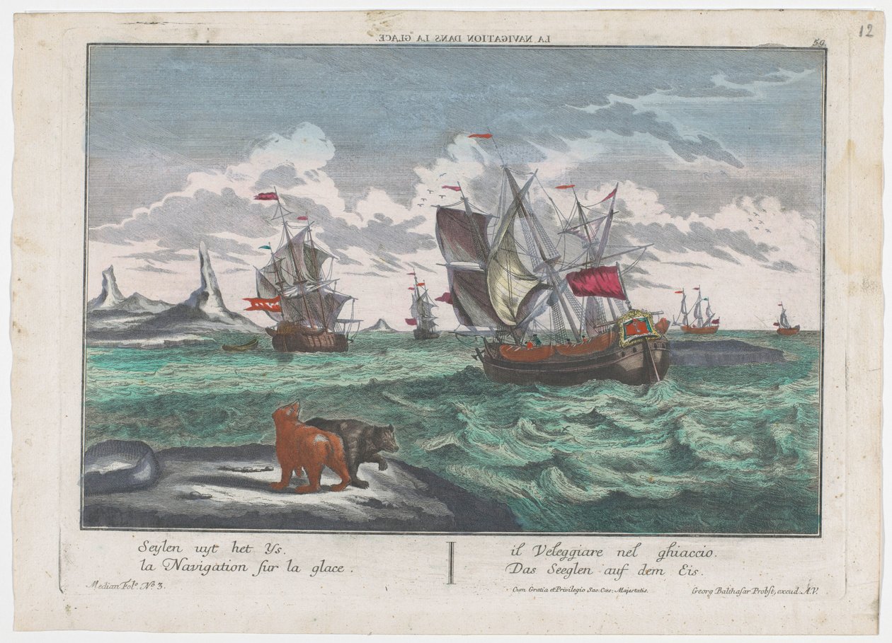 Vista de los barcos que navegan en el mar de hielo Das Seeglen auf dem Eis (título sobre el objeto) Caza de ballenas en Groenlandia (título de la serie) de Georg Balthasar Probst