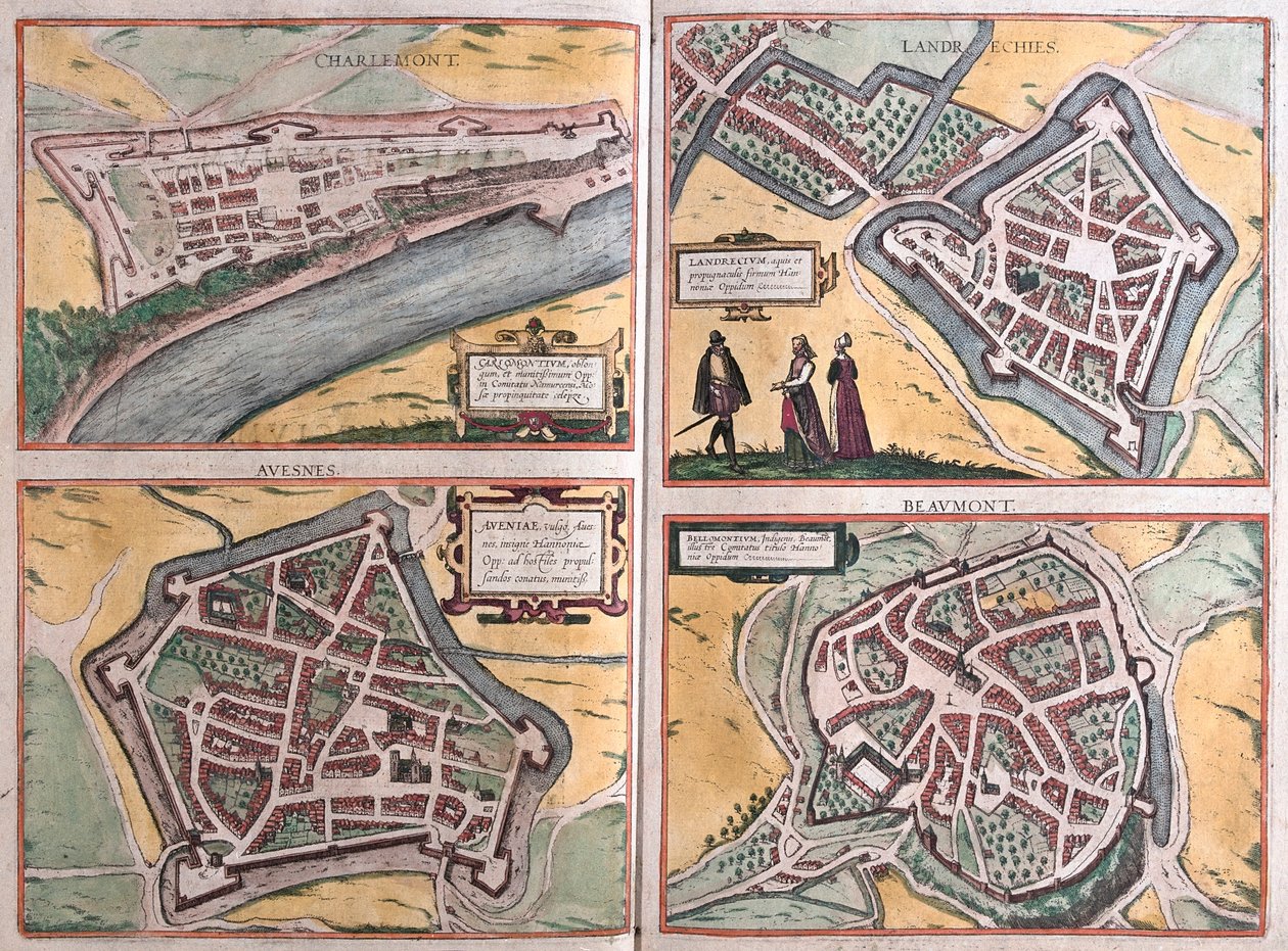 Charlemont, beaumont, Avesnes, Landrecies, Francia - en "Civitates Orbis Terrarum" de Georg Braun, Colonia 1617 de Georg Braun