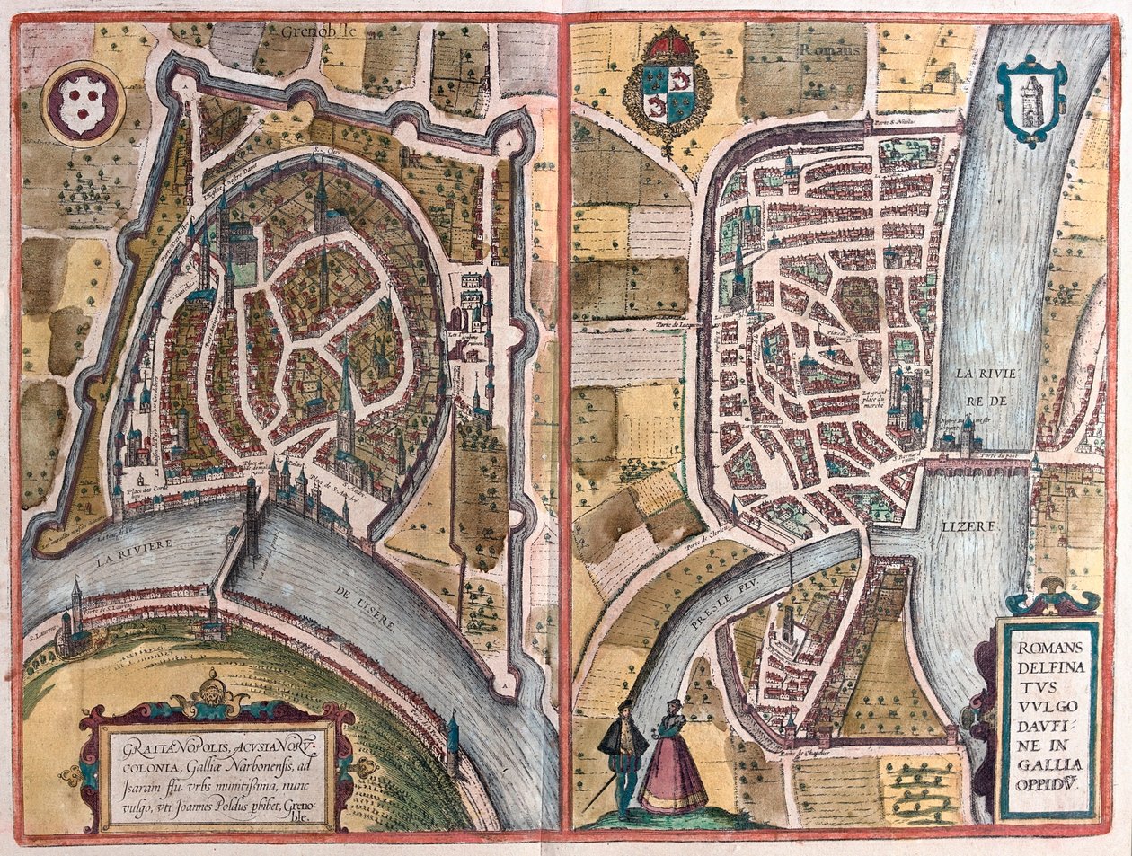 Grenoble - Romans sur Iser, Francia, en "Civitates Orbis Terrarum" de Georg Braun, Colonia 1617 de Georg Braun