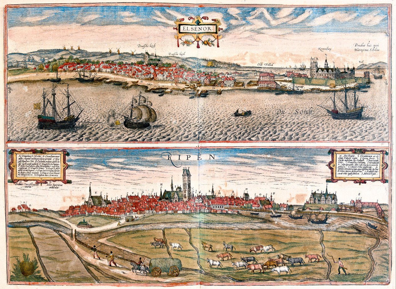 Helsingor (Helsimor - Hamlet), Dinamarca - en "Civitates Orbis Terrarum" de Georg Braun, Colonia 1617 de Georg Braun