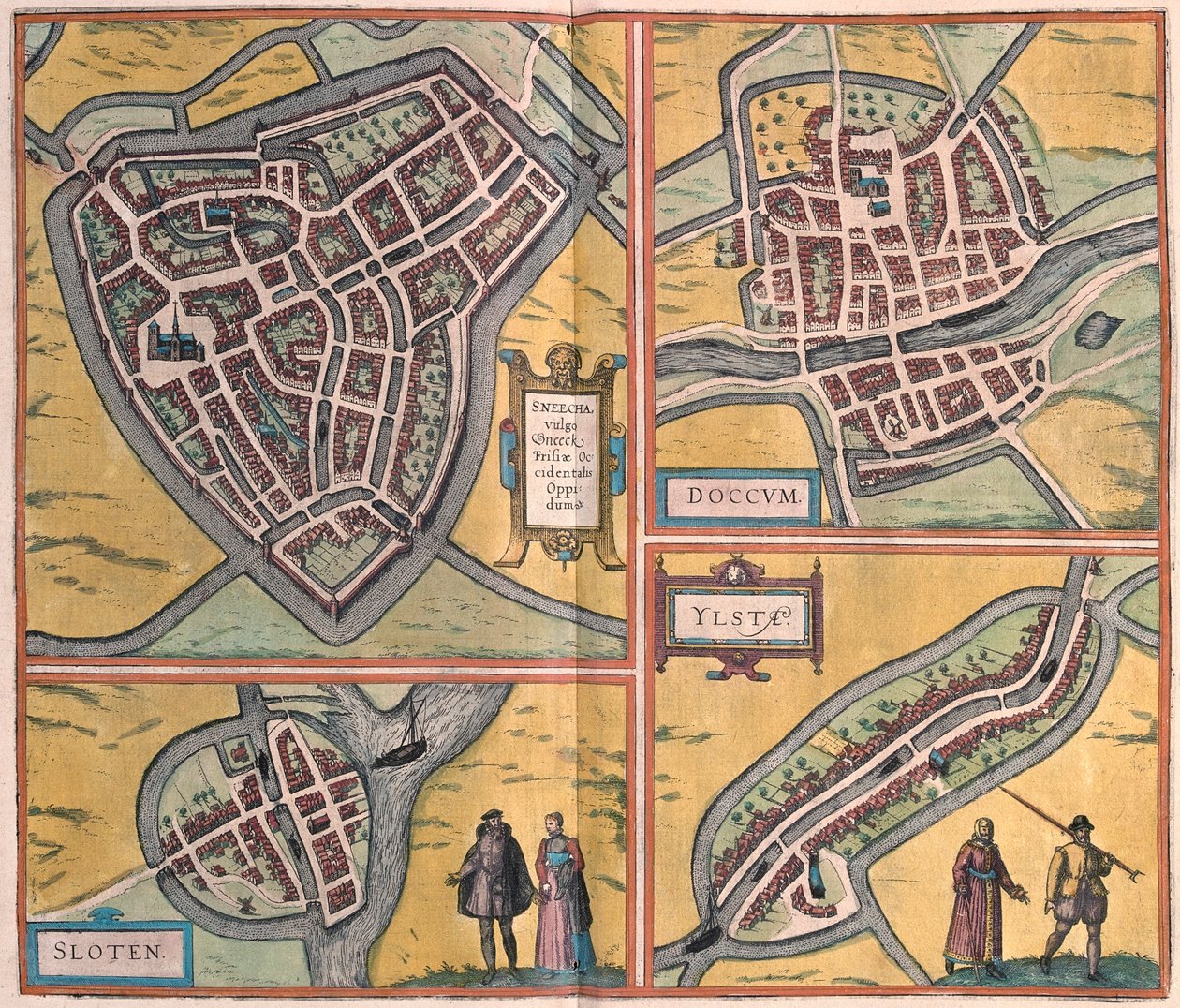 Sneek, Doccum, Sloten, Ijlst, Países Bajos - en "Civitates Orbis Terrarum" de Georg Braun, Colonia 1617 de Georg Braun