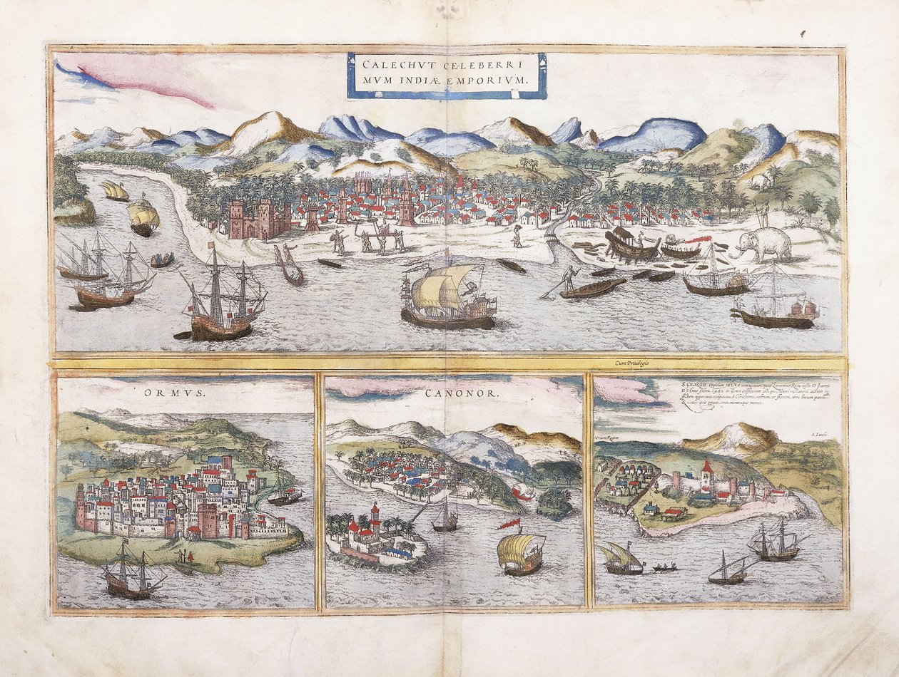 Vista de Calcuta, India, y debajo vistas más pequeñas de Ormuz en la entrada del Golfo Pérsico, Canonor en India, y la fortaleza portuguesa de El Mina en África Occidental, 1572 de Georg Braun