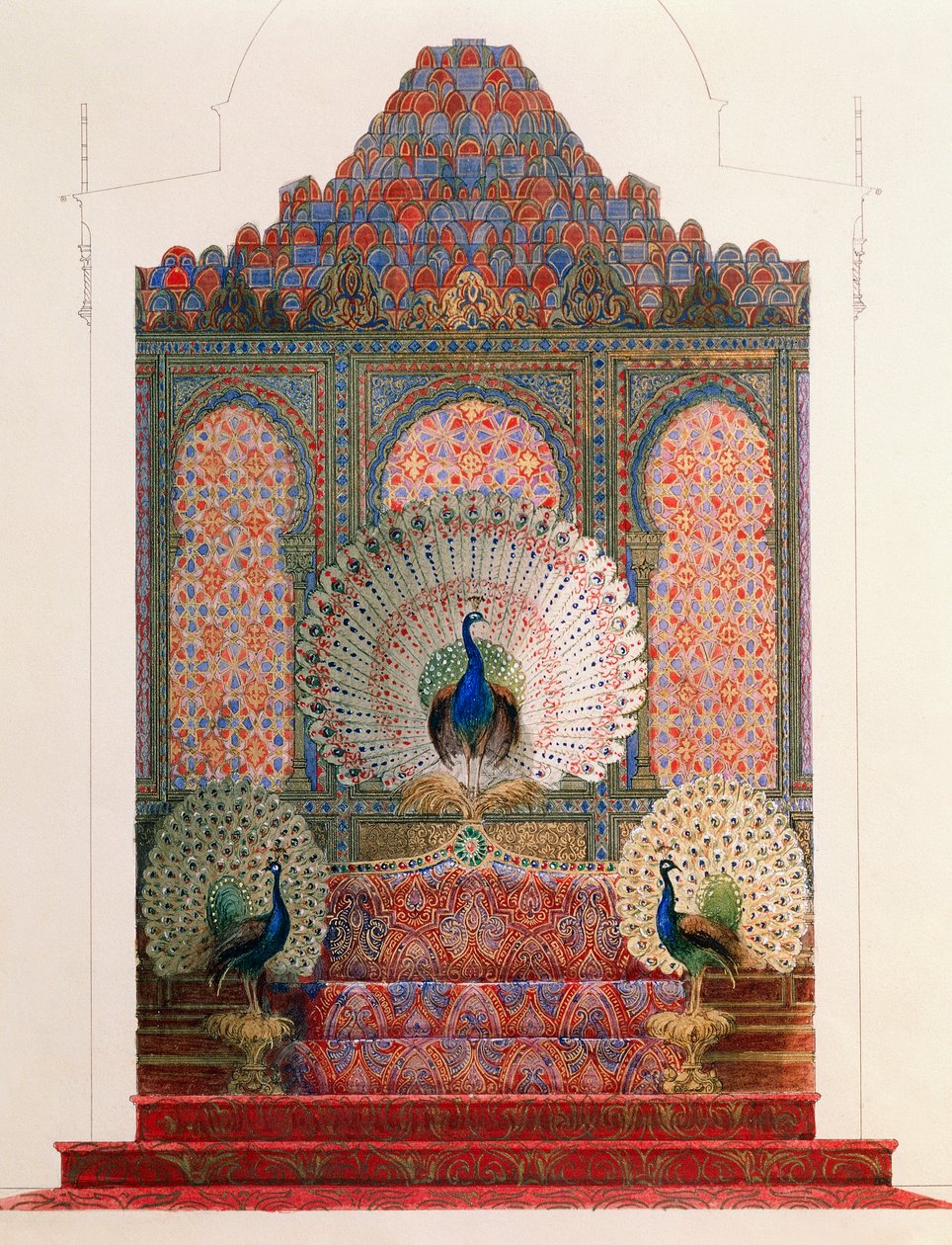 Diseño para el Trono del Pavo Real del claustro morisco en el castillo real de Ludwig II en Linderhof de Georg Carl Heinrich Dollmann