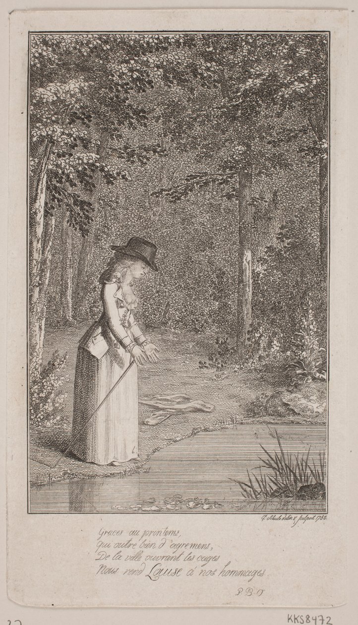 Una joven dama de pie en un bosque junto a la orilla del agua de Georg Christian Schule