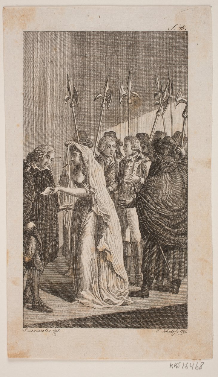 Ilustración de una joven entregando una carta a un hombre mayor. En el fondo, dos caballeros rodeados de guardias de la ciudad de Georg Christian Schule