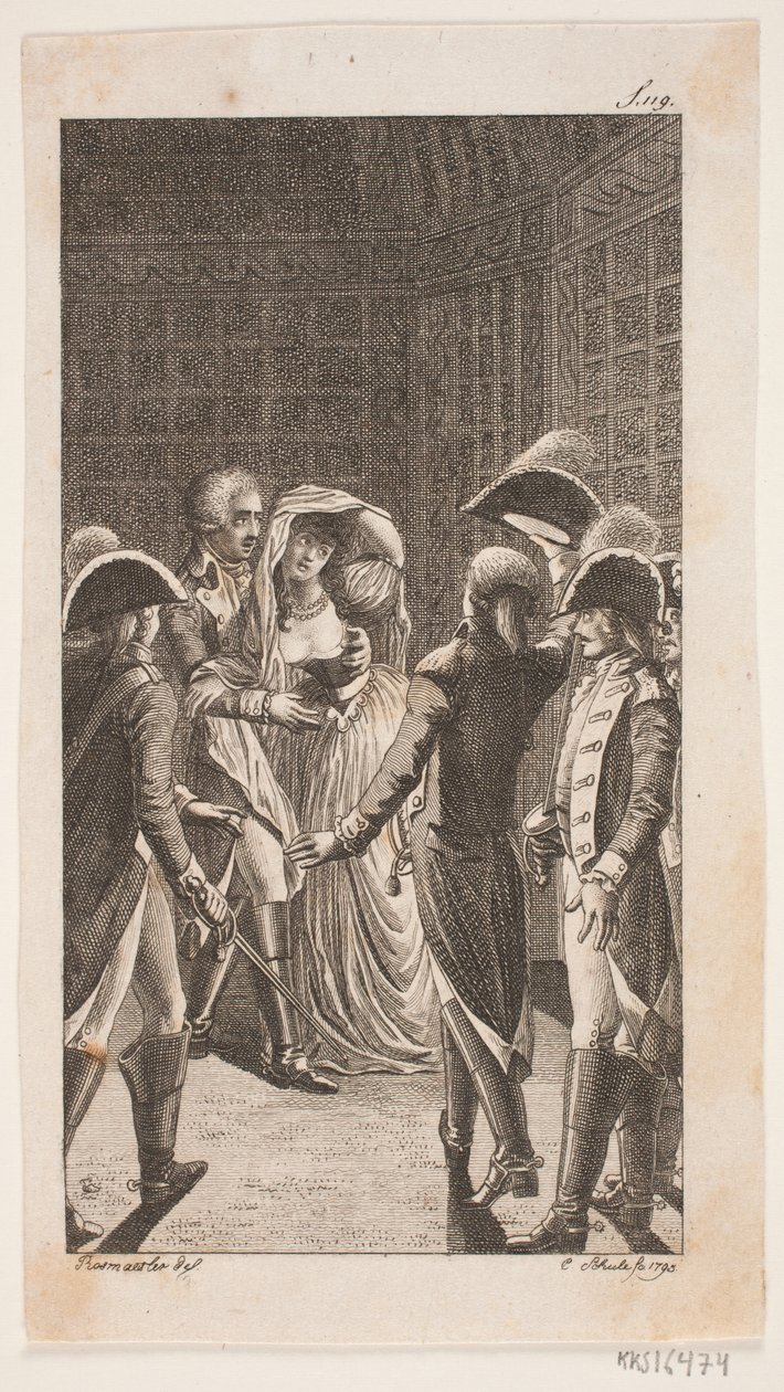 Ilustración con cinco militares y una dama de Georg Christian Schule