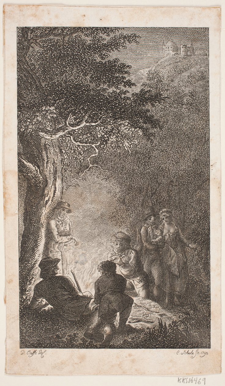 Ilustración con figuras alrededor de una hoguera de Georg Christian Schule