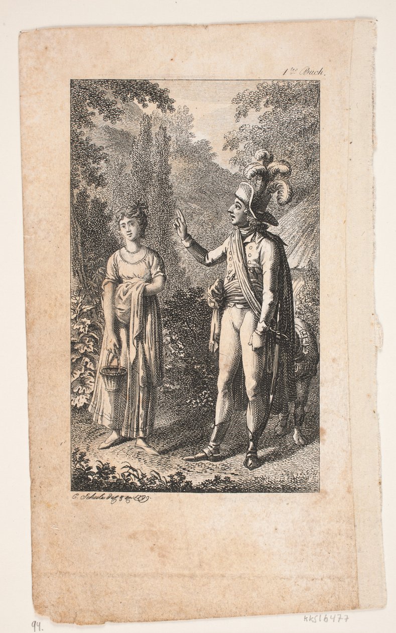 Ilustración con caballero y dama en paisaje de Georg Christian Schule